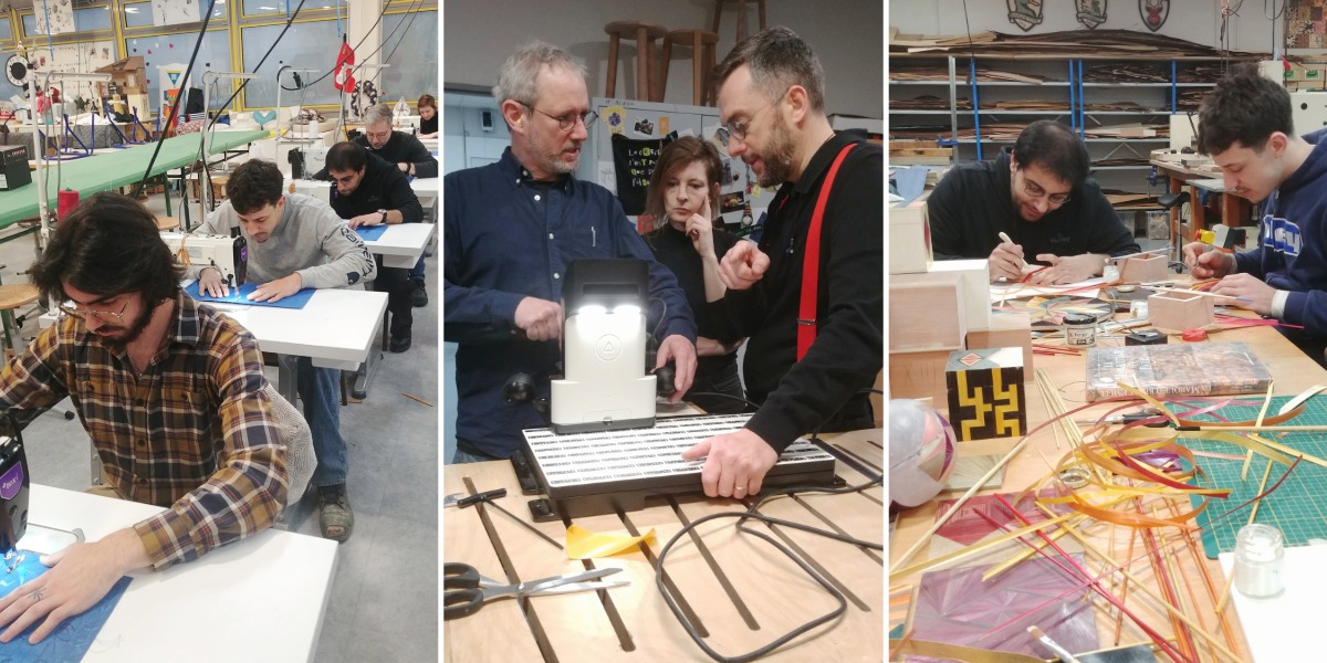 ateliers-stage-international-ebenisterie-eeam Étudiants et chargé.e.s de cours de l’ÉÉAM en ateliers techniques spécialisés au Lycée des Métiers d’art pendant un stage international en France.