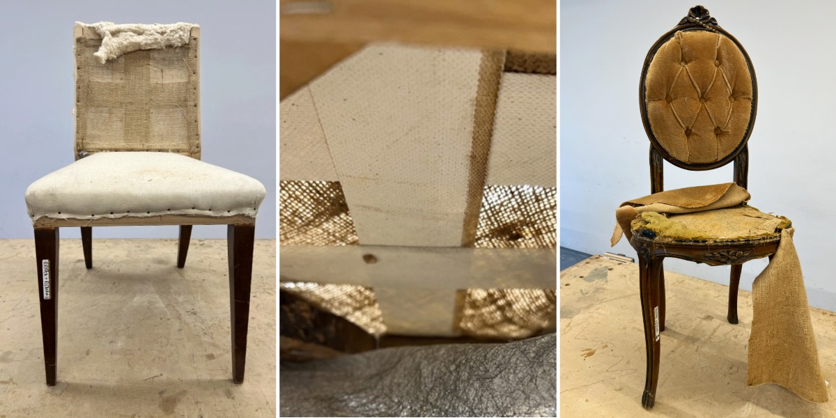 Chaises anciennes pour une formation en tapisserie d'ameublement à l'ÉÉAM, Montréal.