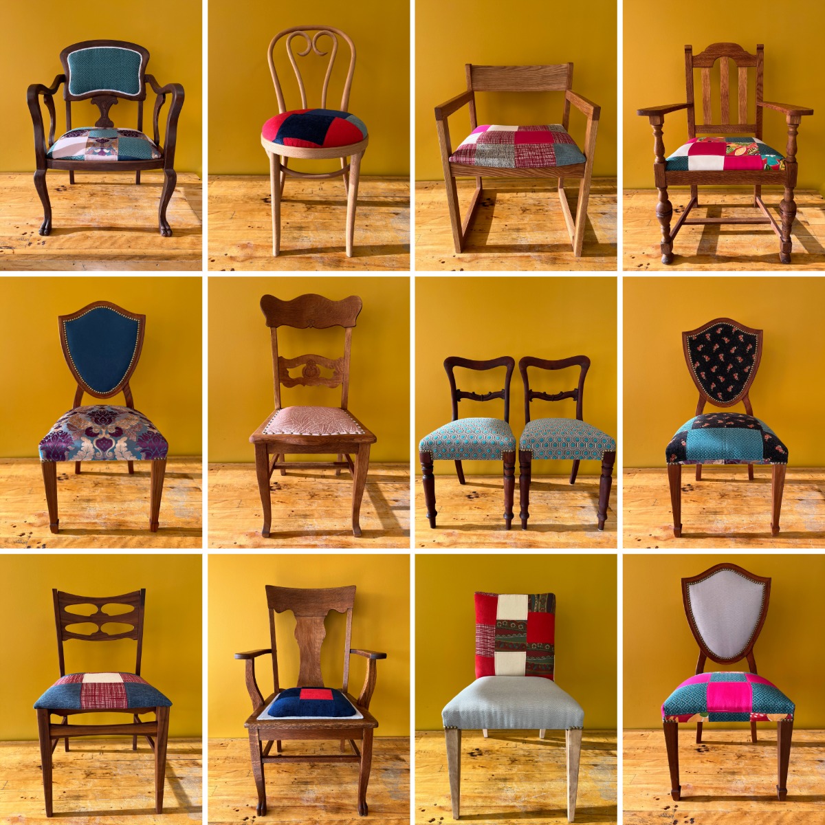 Chaises restaurées durant l’atelier collaboratif de restauration et tapisserie d’ameublement à l’ÉÉAM dans le cadre d’un échange international.