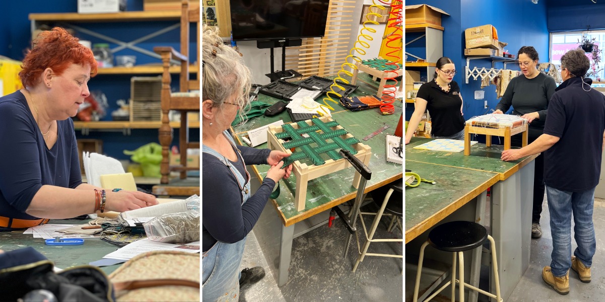 Hélène Navarre et Catherine Auguste, formatrices en tapisserie d’ameublement, guident des participantes lors d’une formation spécialisée à l’ÉÉAM dans le cadre d’un échange international.